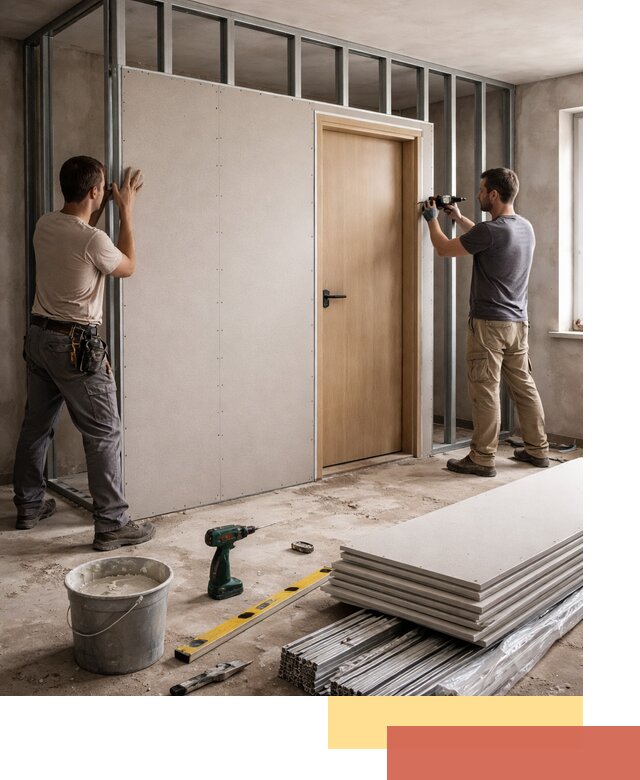 Перегородка из гипсокартона с дверью под ключ в Апатитах