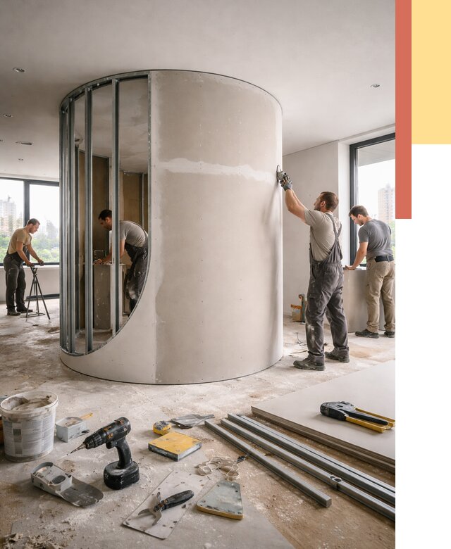 Радиусная перегородка из гипсокартона в Апатитах от 3008 руб. под ключ | ОТДЕЛОЧНИК-Птт