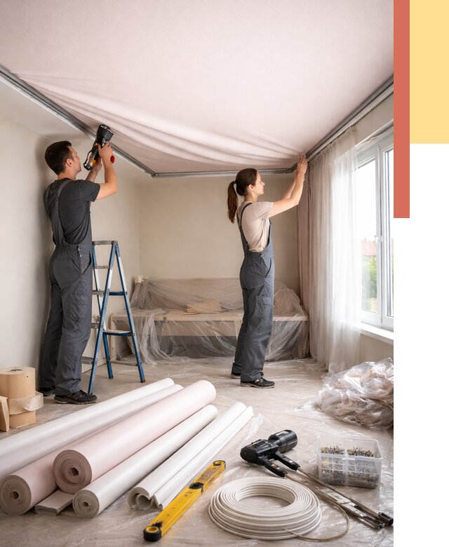 Монтаж цветного натяжного потолка в Апатитах от 4356 руб/м² — быстро и недорого | ОТДЕЛОЧНИК-Птт