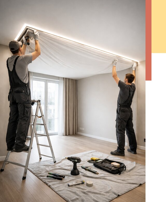 Монтаж парящего натяжного потолка в Апатитах от 4667 руб. быстро и недорого | ОТДЕЛОЧНИК-Птт