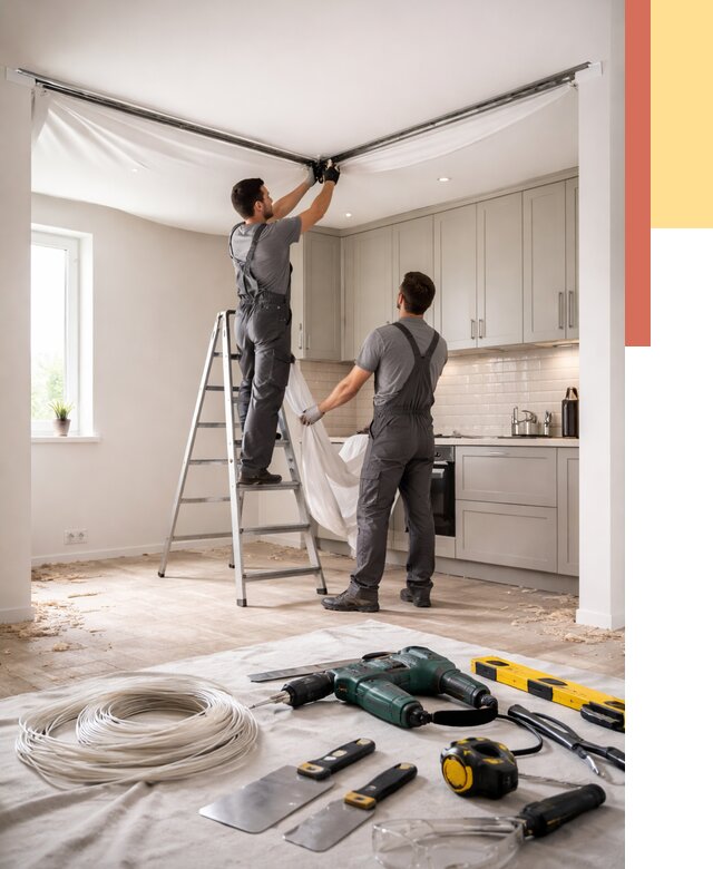 Установка натяжного потолка на кухне в Апатитах от 2489 руб. | ОТДЕЛОЧНИК-Птт