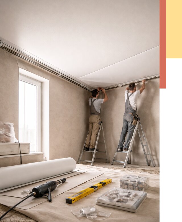 Монтаж натяжного потолка в спальне в Апатитах от 3941 руб. под ключ | ОТДЕЛОЧНИК-Птт