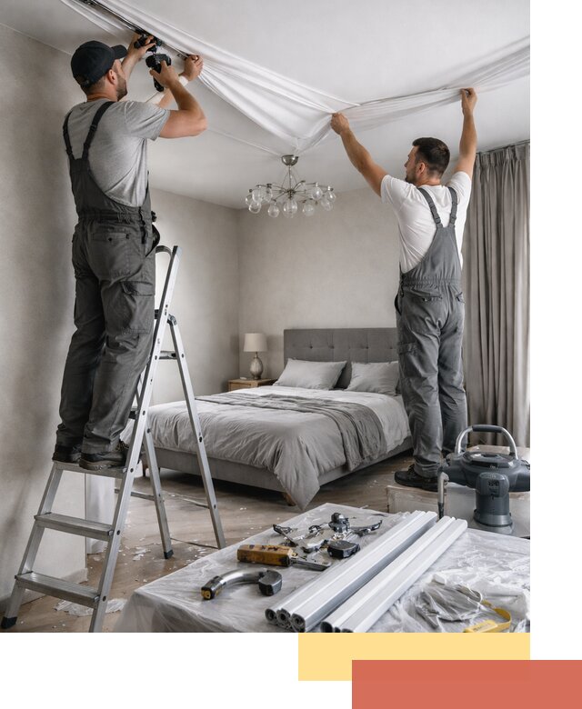 Монтаж натяжного потолка в спальне в Апатитах