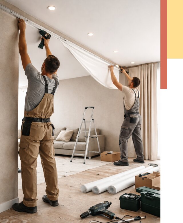 Монтаж натяжного потолка в гостиной в Апатитах от 570 руб. | ОТДЕЛОЧНИК-Птт