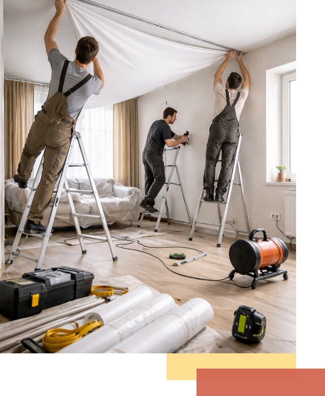 Монтаж натяжного потолка в гостиной в Апатитах