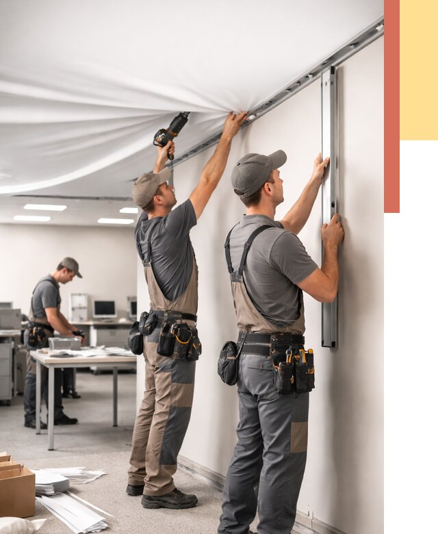 Монтаж натяжного потолка в офисе в Апатитах от 467 руб/м² — быстро и недорого | ОТДЕЛОЧНИК-Птт