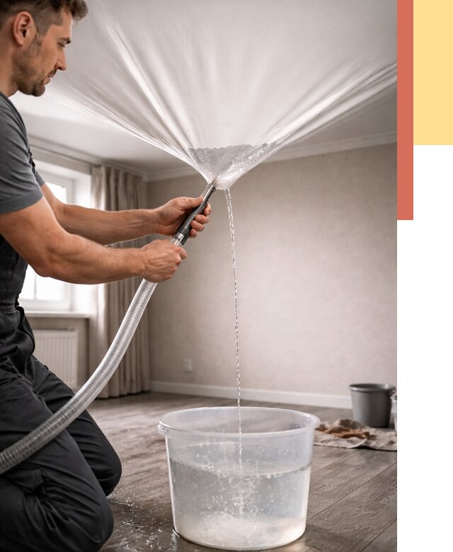 Слив воды с натяжного потолка в Апатитах от 2593 руб. быстро и недорого | ОТДЕЛОЧНИК-Птт