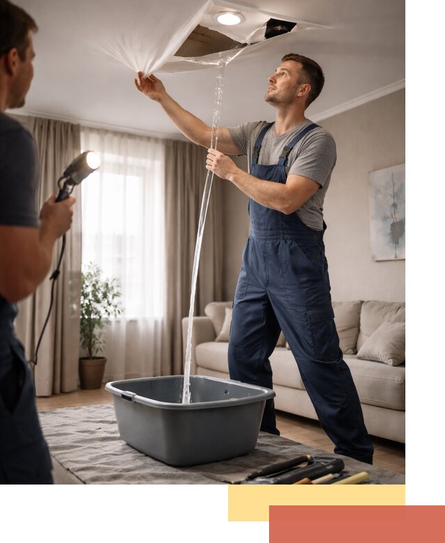 Слив воды с натяжного потолка в Апатитах быстро и аккуратно