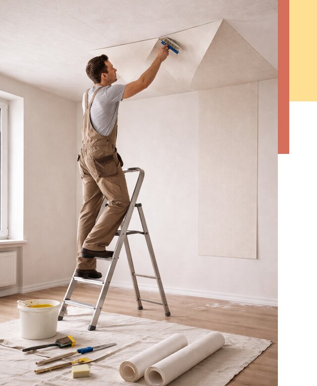 Поклейка обоев на потолок в Апатитах от 4667 руб. быстро и недорого | ОТДЕЛОЧНИК-Птт